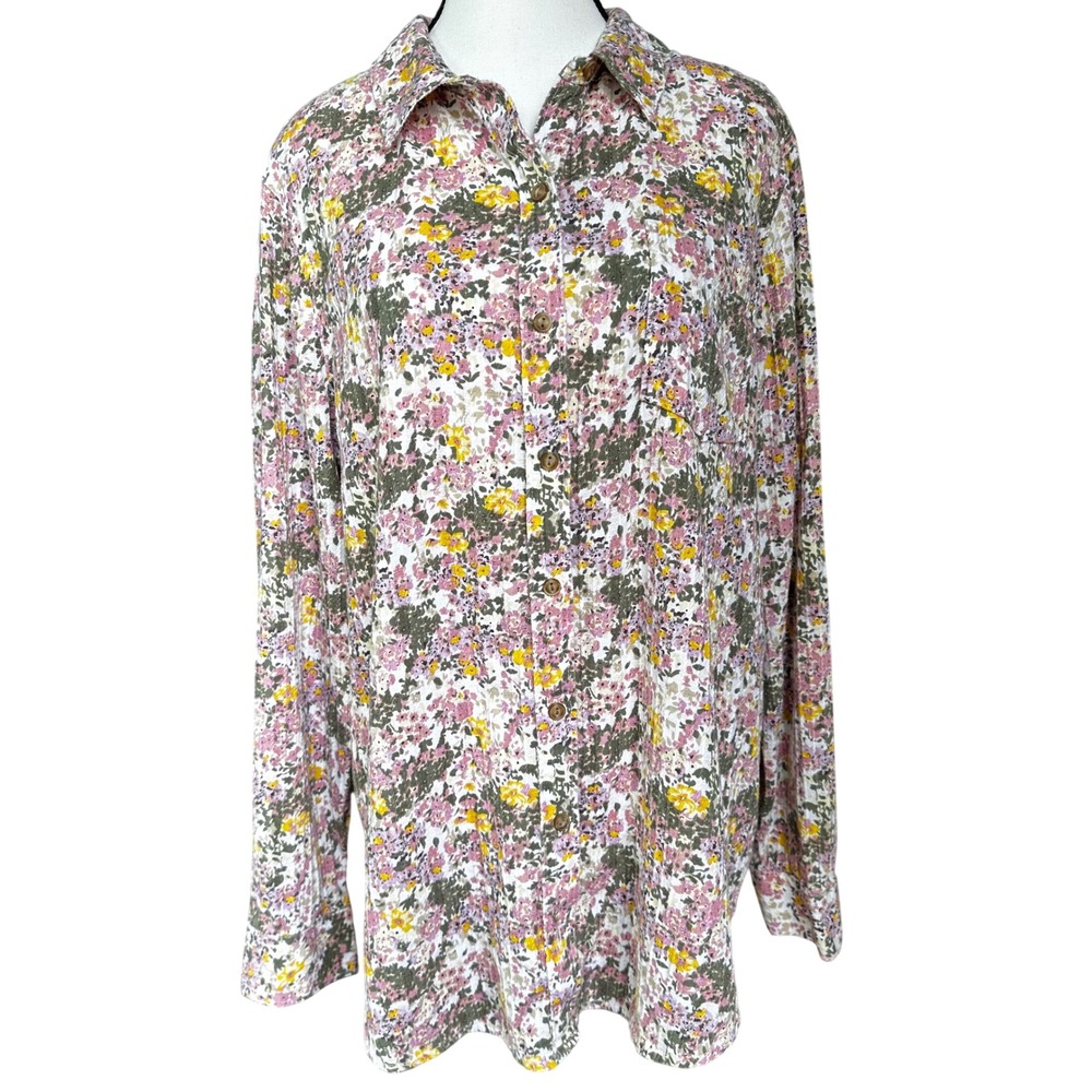 Caslon Pink Floral Cotton Puckered Seersucker Button‎ Down Shirt Womens Large